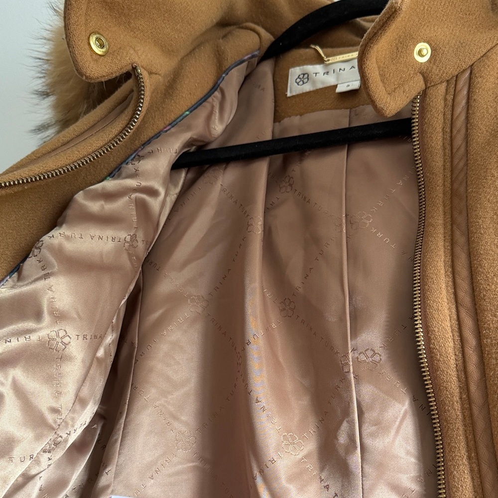 Trina Turk Tan Wool Coat with Coyote Fur Hood - Picture 13 of 16